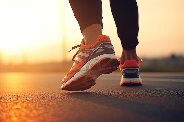 Бег за здоровой жизнью Близкий взгляд на ботинки бегущих ног спортсмена, бегущих по дороге на закате, сгенерированный ИИ