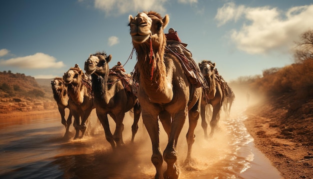 Photo running herd of dromedary camels in the african desert generated by ai