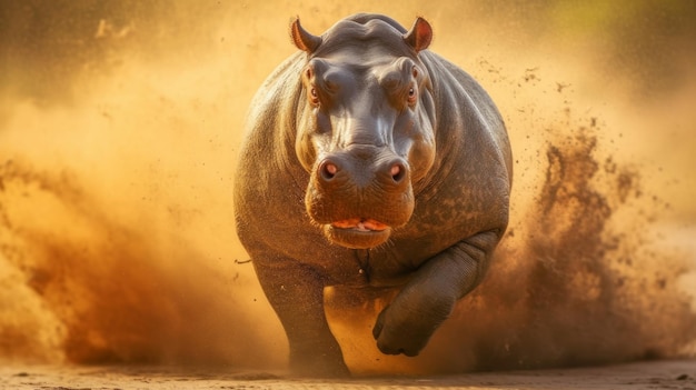 running hippopotamus in the dust in the light of the setting sun