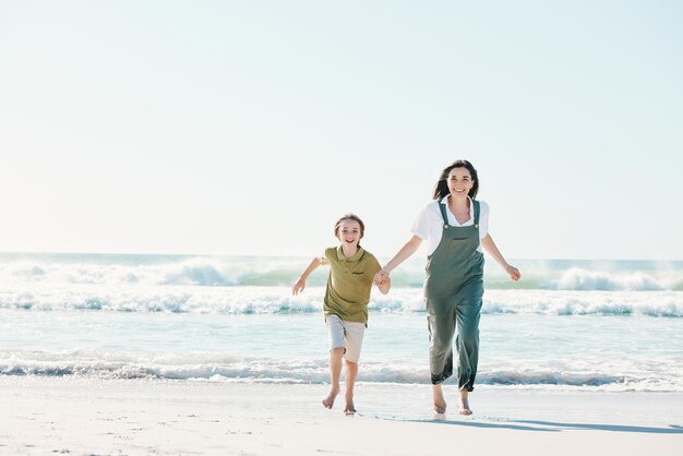 Running holding hands and mother with child on beach for energy freedom and summer vacation mockup love relax and adventure with family on seaside holiday for health bonding and games together