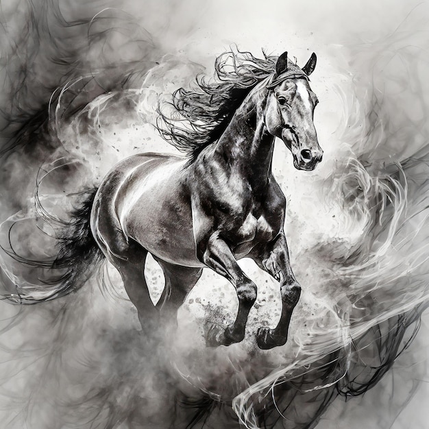 running horse a black and white sketch tattoo drawing monochrome color abstract background