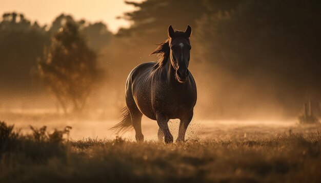 牧草地で走る馬、自然の中の自由、人工知能によって生成された静かな夕日の風景