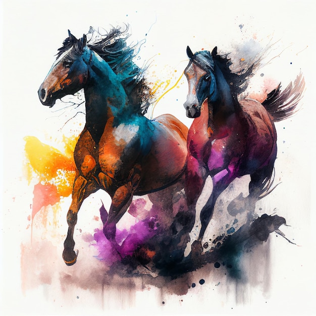 Running horses watercolor style Generative AI