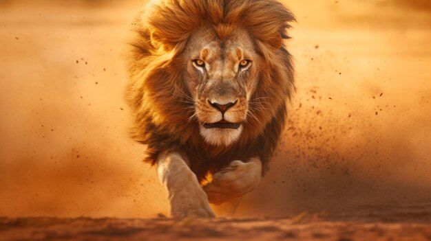 running lion in the dust in the light of the setting sun