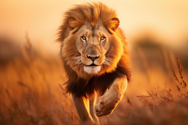 Running lion in the savannah at sunset