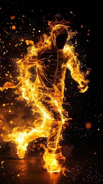 Running man covered in flames on black background AI generated Image