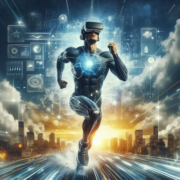 Running man wearing virtual reality goggles Mixed media