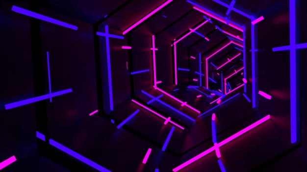 Running In Neon Light Hexagon Tunnel 