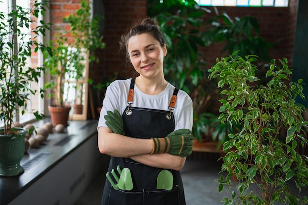 写真 自社事業を営む若い女性花屋が緑の植物の植物店で前を着て幸せです