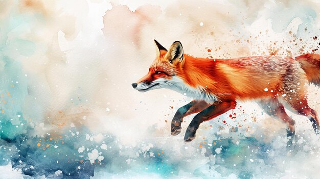 Photo running orange fox on the snow falls generative ai