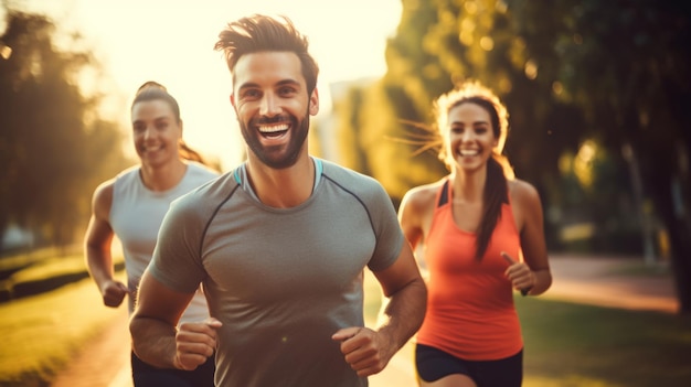 Running people Happy Healthy group middle aged Friends running together Early morning workout