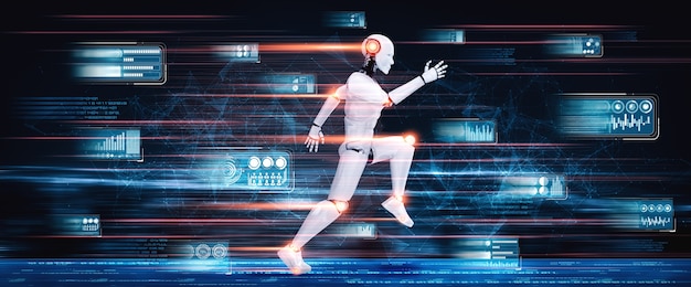 Esecuzione di umanoide robot che mostra movimento veloce ed energia vitale nel concetto di sviluppo futuro dell'innovazione