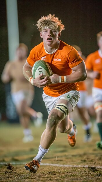 running rugby player holding a rugby ball in a rugby stadium on a rugby field