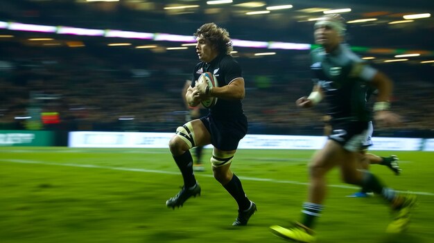 running rugby player holding a rugby ball in a rugby stadium on a rugby field