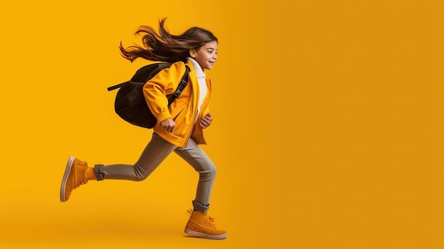 Running school girl with a pink backpack