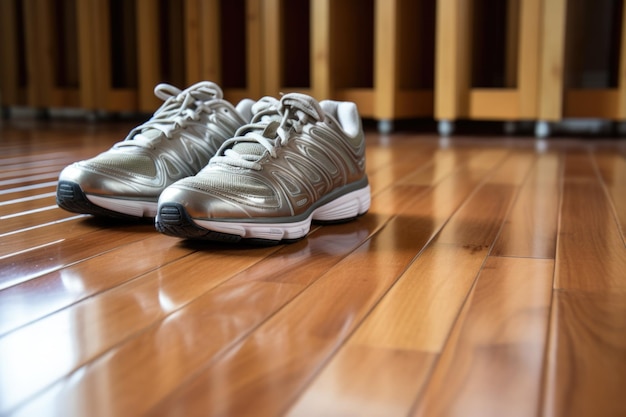 Running shoes next to a polished wooden exercise floor