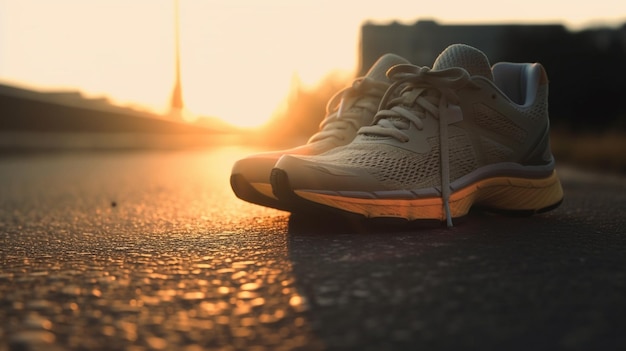 Running shoes on the road Sport and healthy lifestyle concept Generative Ai