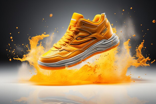 Running shoes with orange flames on grey background 3D illustration