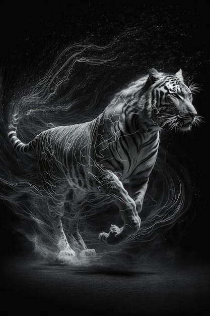 a running spirit tiger with a magic patronus on a black background