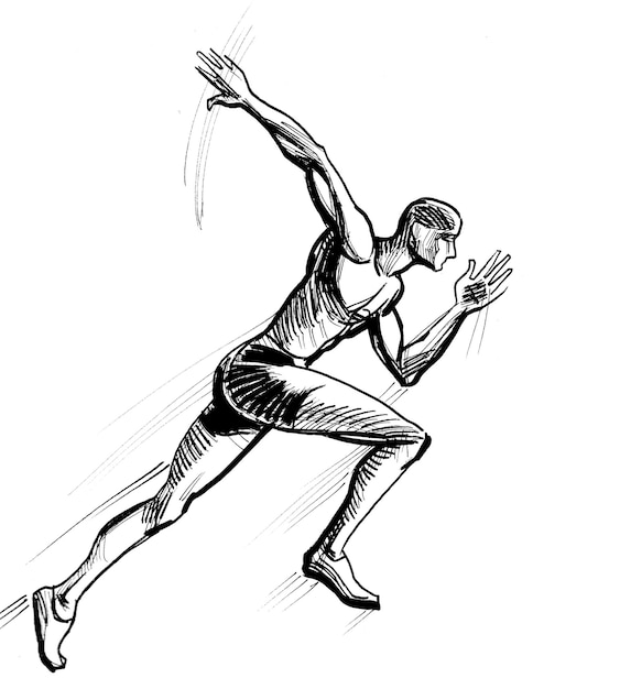 Running sprinter Ink black and white drawing