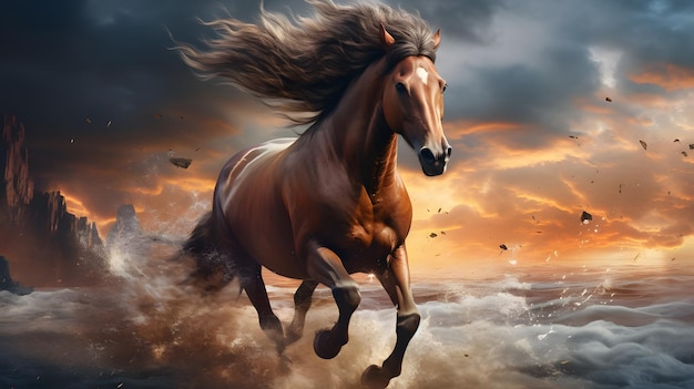 Running stallion brown horse cinematic scenery in dynamic motion ai generated