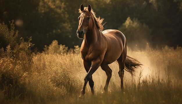 Running stallion grazes in tranquil meadow sunset generated by AI