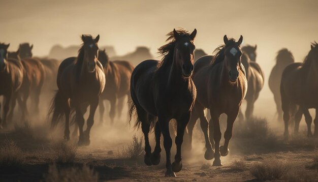 Running stallion in tranquil meadow at sunset full freedom generated by artificial intelligence