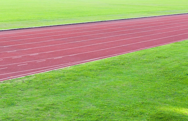 Беговая дорожка и зеленая траваПрямая легкая атлетика Беговая дорожка на спортивном стадионе