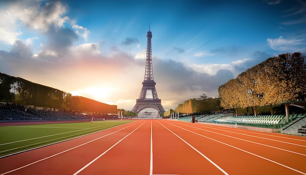 A running track with the Eiffel Tower in the background at sunrise symbolizing the Paris 2024 Olympics