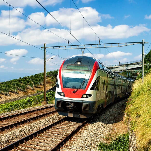 スイスのラヴォーオロン地区、ラヴォーのヴィンヤードテラスハイキングトレイルで電車を走らせる
