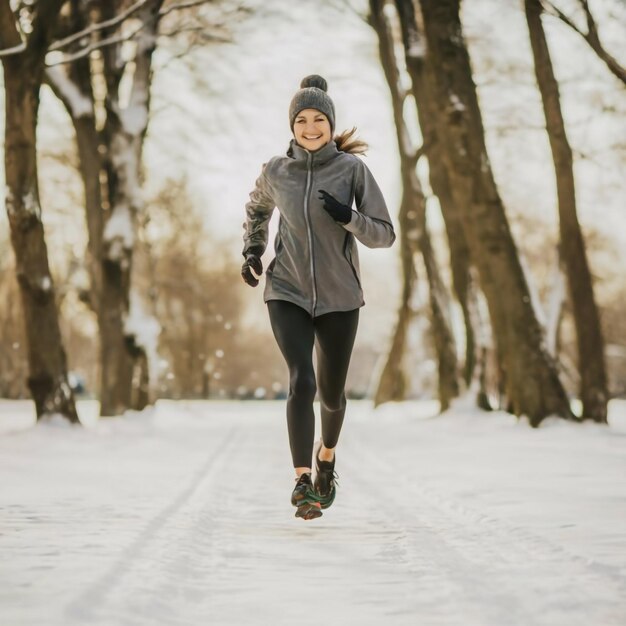 写真 暖かいスポーツのランニング服を着て寒い冬の森でジョギングをしている女性ランナー