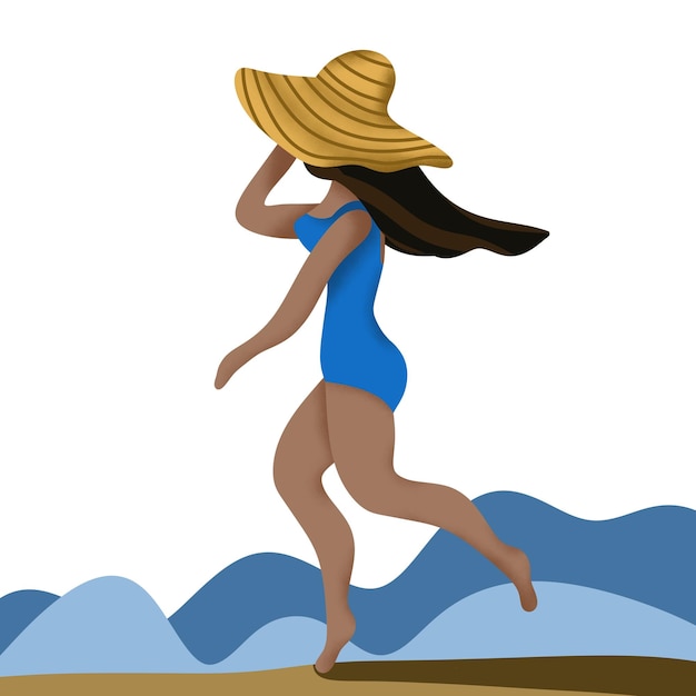 Running woman with long dark hair in blue swimsuit and straw hat on the beach