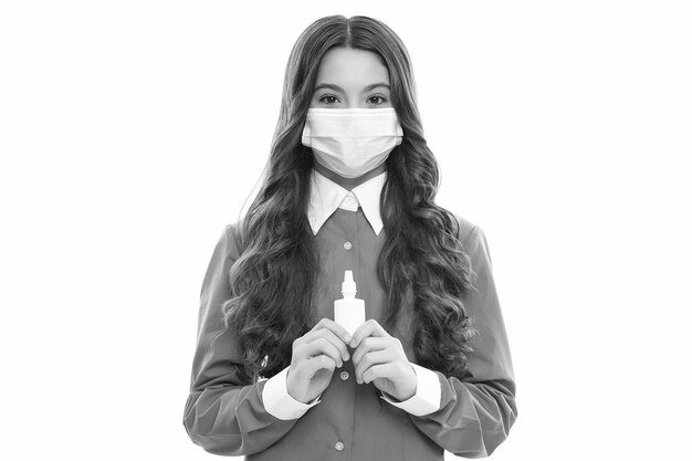 Runny nose coronavirus symptom flu sars therapy covid symptomatic treatment risk of virus pandemic kid use effective medicines girl in mask hold nasal drops child presenting nasal spray