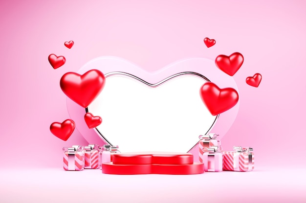 Runway design with hearts gift boxes and heart shaped balloons Minimal pink background for Mother's Day and Valentine's Day 3d product podium podium