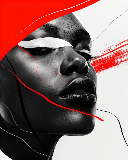 Смелый и красивый модный плакат с потрясающей моделью в черно-белом с красными графическими элементами