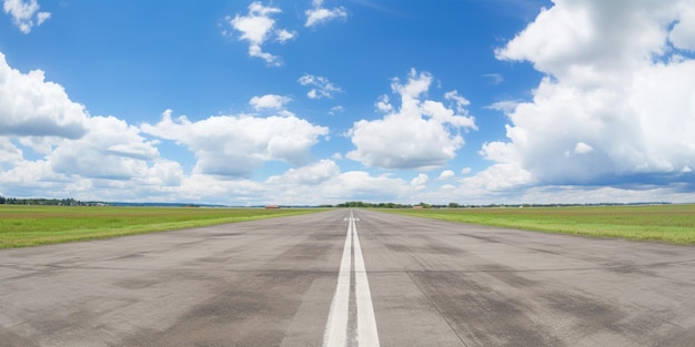 A runway with a blue sky and clouds