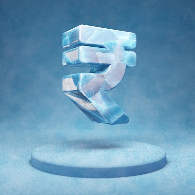 Rupee icon. Cracked blue Ice Rupee symbol on blue snow podium. Social Media Icon for website, presentation, design template element. 3D render.