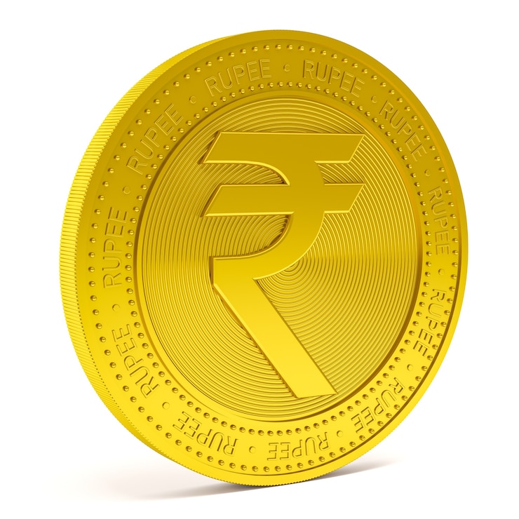 Photo rupee symbol sign on golden coin isolated on white background