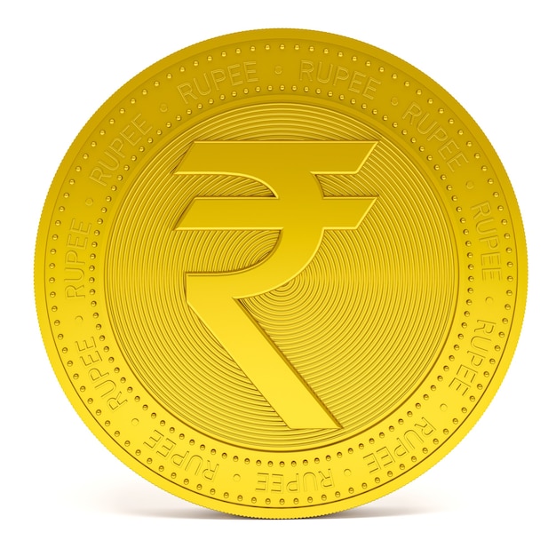 Фото Знак символа рупии на золотой монете, изолированные на белом фоне