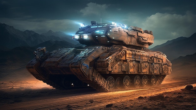Rupsvoertuig woestijn militair voertuig nacht illustratie afbeelding AI gegenereerde kunst