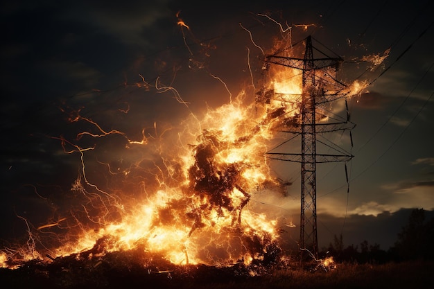 The rupture of a power line causing sparks to emanate from the severed wires