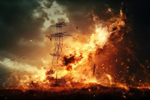 The rupture of a power line causing sparks to emanate from the severed wires