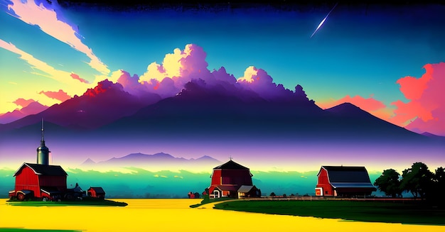Rural agricultural farmland landscape with beautiful sunset countryside farm field with barn generative ai for instagram post facebook website banners fliers