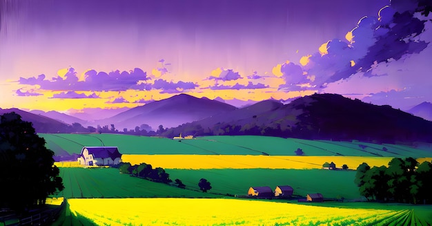 Rural Agricultural Farmland landscape with beautiful sunset Countryside Farm Field with Barn Generative ai for instagram post facebook website banners fliers