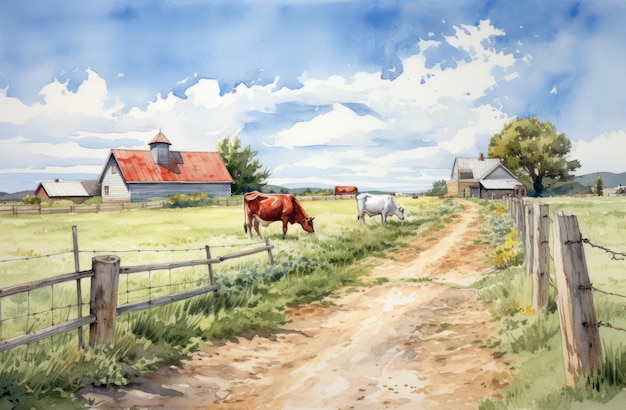 農場の近くを歩く牛の田舎のアメリカの水彩画