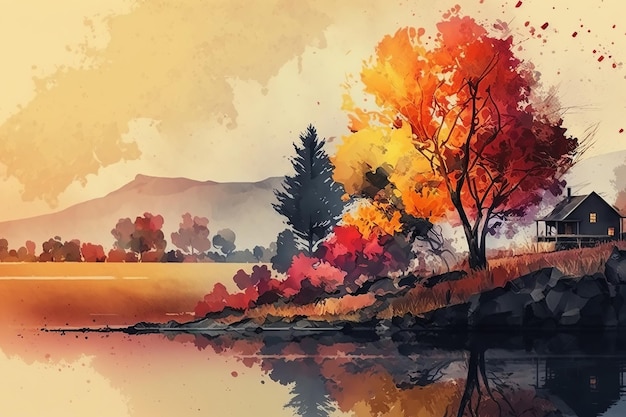 Rural autumn landscape watercolor illustration Lake house on shore yelloworange tree Generative AI