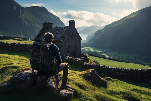 Foto rural bliss female explorer in scenic countryside