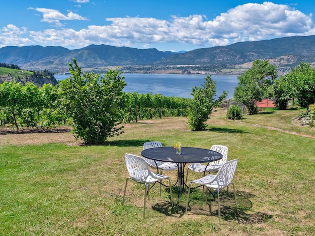 Rural cafe with beautiful pastoral overview with a lake and mountains