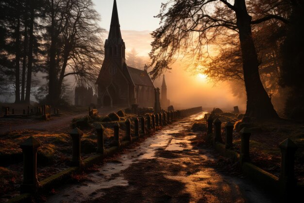 Photo rural churchs peaceful graveyard bathed in the soft light of dawn generative ai