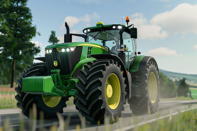 a rural country road with a tractor and a fence in the background